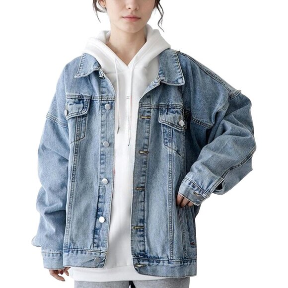 Jackets & Blazers - Women Oversized Jean Jacket Cotton Long Sleeve Button Down Casual Stylish